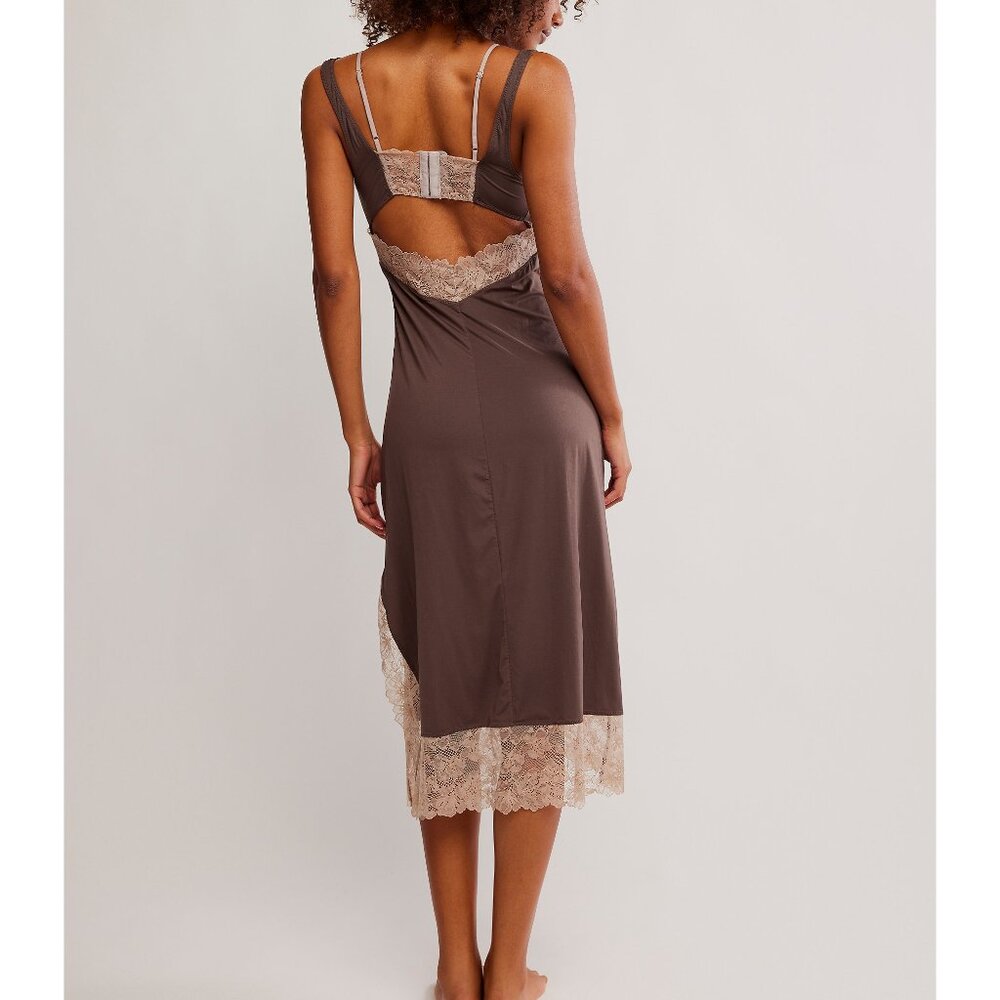 Free People Brown Slip Chemise with Cream Lace Trim - Picture 7 of 9